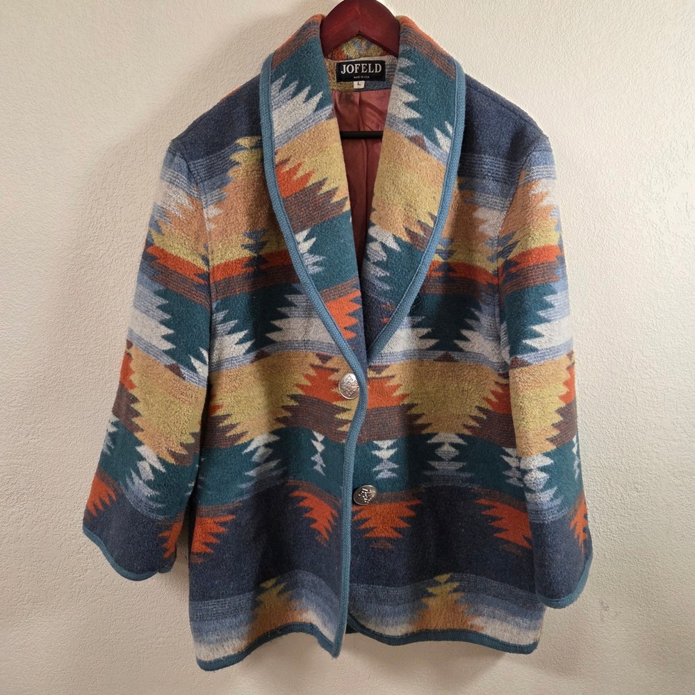 Jofeld Vintage Southwestern Aztec Wool Blend Shawl Collar Blanket Coat Large